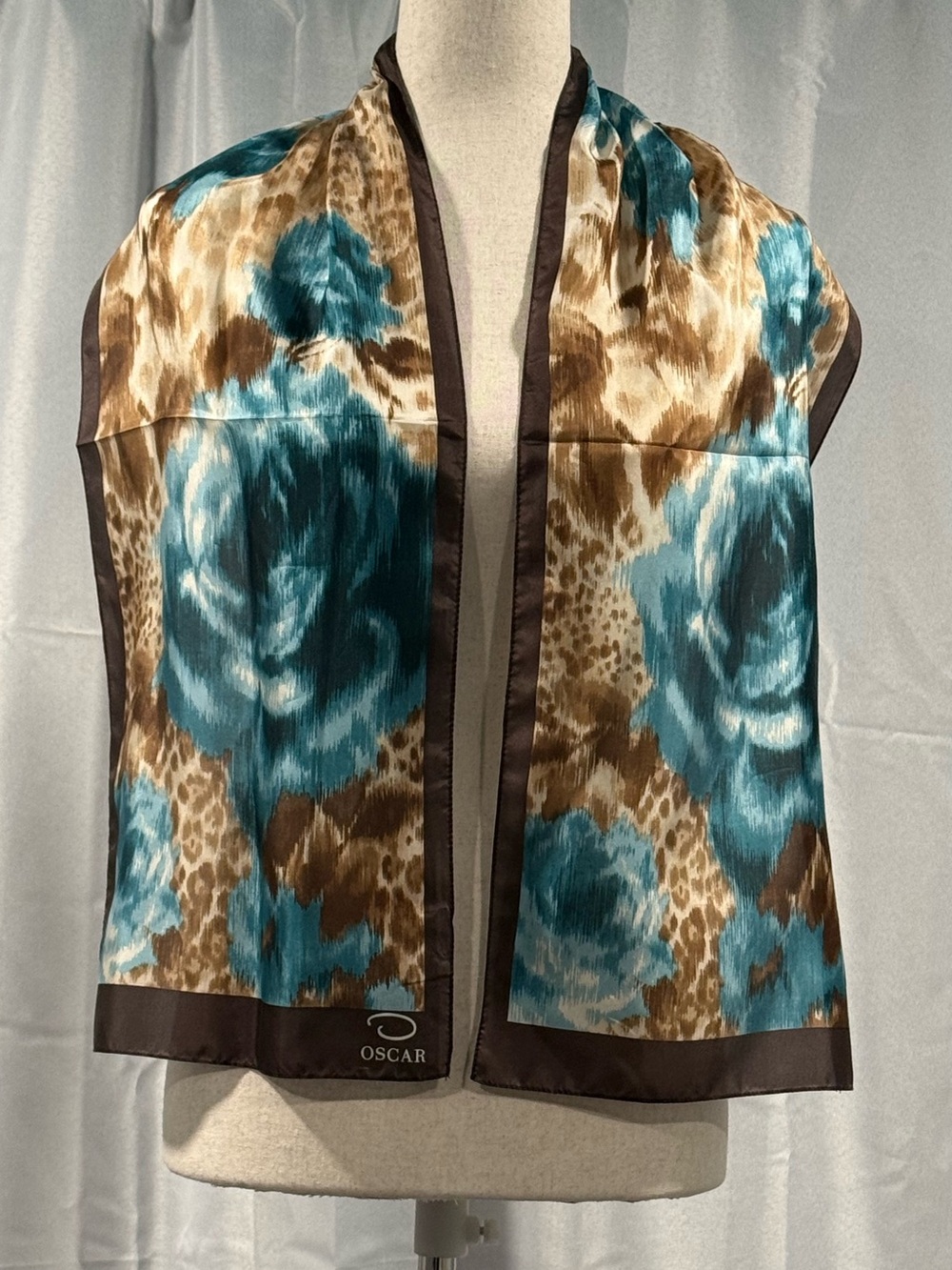 Oscar de la Renta Teal and Brown Designer Silk Scarf
